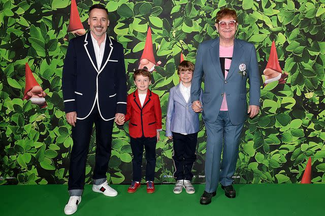 <p>Stuart C. Wilson/Getty </p> Elton John, David Furnish and their two sons