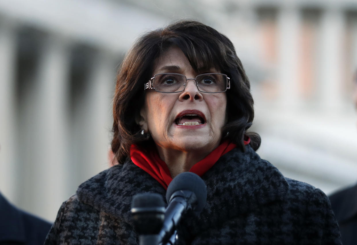 FILE - Rep. Lucille Roybal-Allard, D-Calif., of the Congressional Hispanic Caucus, speaks during a news conference on Capitol Hill, Monday, March 5, 2018, in Washington. Long-serving California Rep. Roybal-Allard, the first Mexican-American woman elected to Congress, announced Monday, Dec. 20, 2021, she will not seek re-election in her Los Angeles-area district. (AP Photo/Alex Brandon, File)