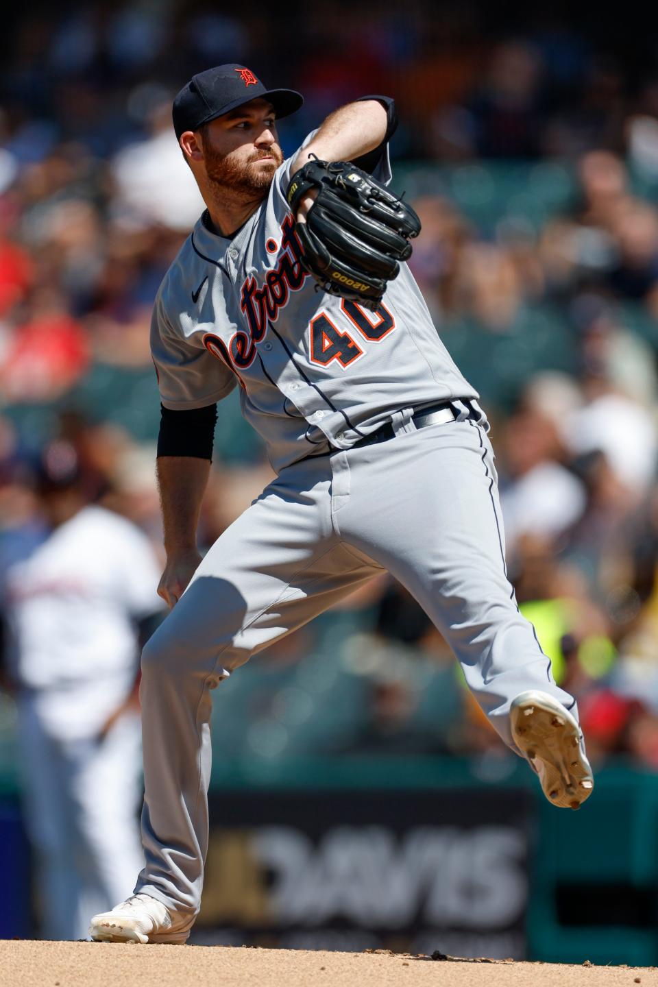 Tigers starting pitcher Drew Hutchison delivers against the Guardians during the first inning in the first game of a doubleheader, Monday, Aug. 15, 2022, in Cleveland.