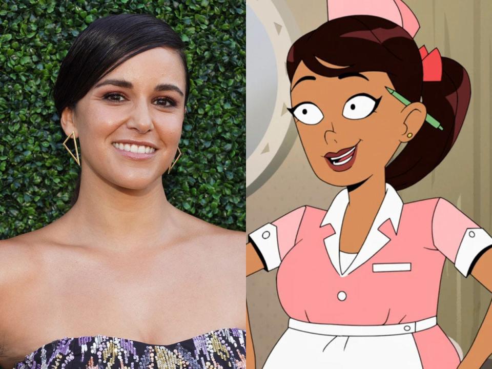 On the left: Melissa Fumero in October 2022. On the right: The character Sophie in the animated series “Velma.”