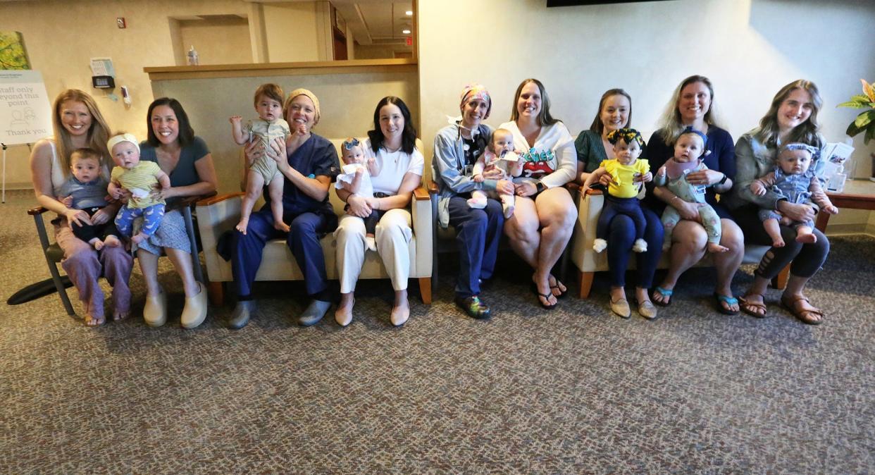 Wentworth-Douglass Hospital surgical services staff with their babies, from left, are Emily Piche and Henry, Justine Brennan and Ollie, Jenn Jones and Cassian, Kendal and Kinley, Serena Swanson (her baby Everett is not pictured), Madison Smeal and Aubrey, Grace McManus and Lyra, Alexa Hayes and Quinn and Jenny Miles and Clara gather Tuesday, May 7, 2024.