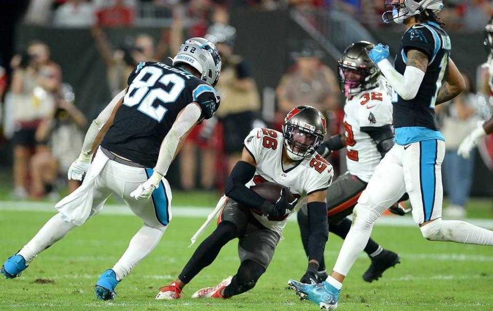 Tampa Bay Buccaneers cornerback Rashard Robinson intercepts a pass by Carolina Panthers quarterback Sam Darnold during fourth quarter action at Raymond James Stadium in Tampa, Fl. on Sunday, January 9, 2022. The Panthers lost to the Buccaneers 41-17.
