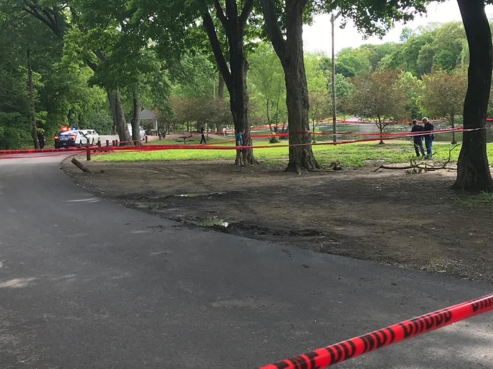 Mansfield police Friday morning scoured North Lake Park for evidence after a vehicle was set fire early Friday morning in the park.