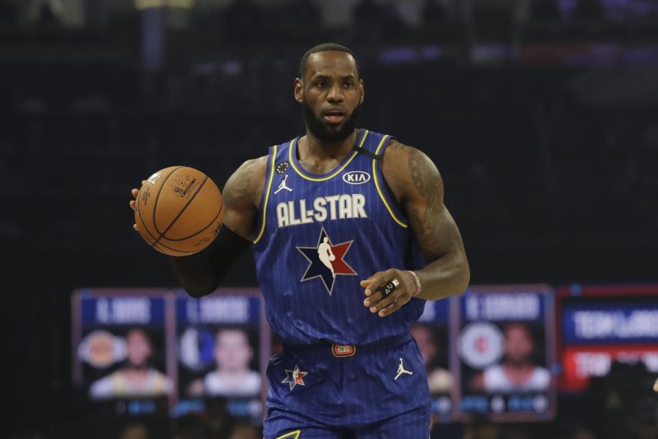 LeBron James of the Los Angeles Lakers dribbles during the first half of the NBA All-Star basketball game Sunday, Feb. 16, 2020, in Chicago. (AP Photo/Nam Huh)