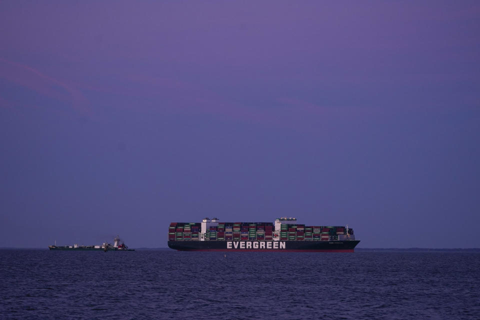 The container ship Ever Forward, which ran aground in the Chesapeake Bay off the coast near Pasadena, Md., the night before, is seen Monday, March 14, 2022. (AP Photo/Julio Cortez)