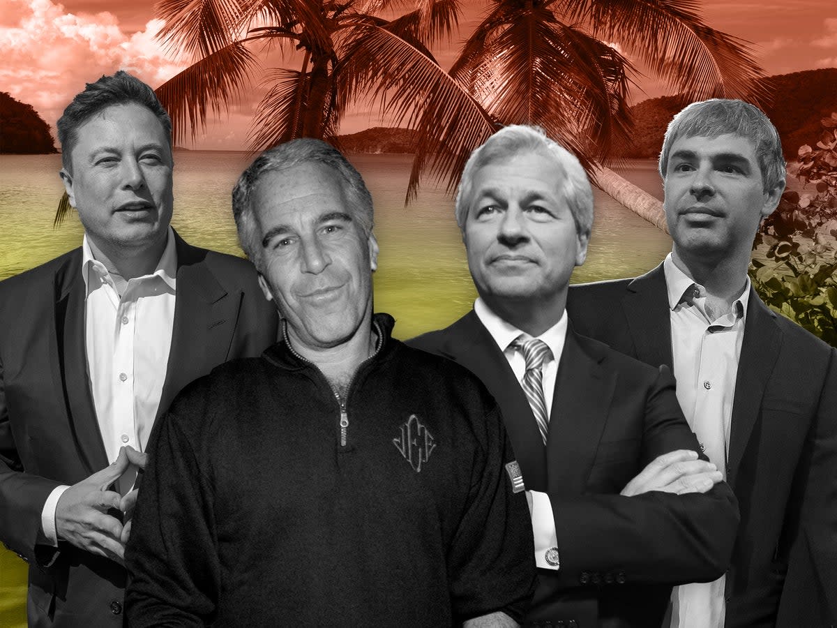 From left Elon Musk, Jeffrey Epstein, Jamie Dimon and Larry Page  (Getty)