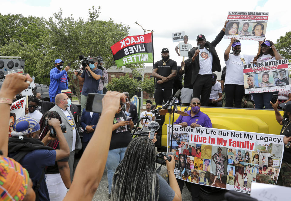 FILE - Attorney Benjamin Crump talks to a crowd of supporters during a "Justice for Pamela Turner" rally on the two-year anniversary of Turner's death, May 13, 2021, in Baytown, Texas. Turner was fatally shot in 2019 by a police officer in the Houston suburb after a struggle over his stun gun. On Tuesday, Oct. 11, 2022, Juan Delacruz, a Texas police officer, was acquitted of an assault charge related to the 2019 fatal shooting of. (Godofredo A. Vásquez/Houston Chronicle via AP, File)