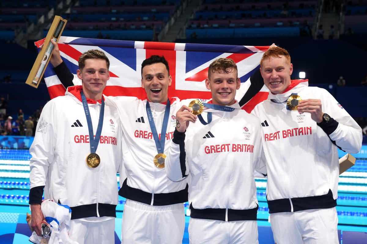 Great Britain Swimmers after winning the Men’s 4 x 200m Freestyle Relay at the 2024 Paris Olympic Games (John Walton/PA Wire)