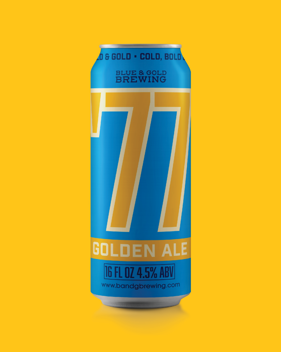 The design of the '77 Golden Ale beer can is a play on the Marquette basketball jersey.