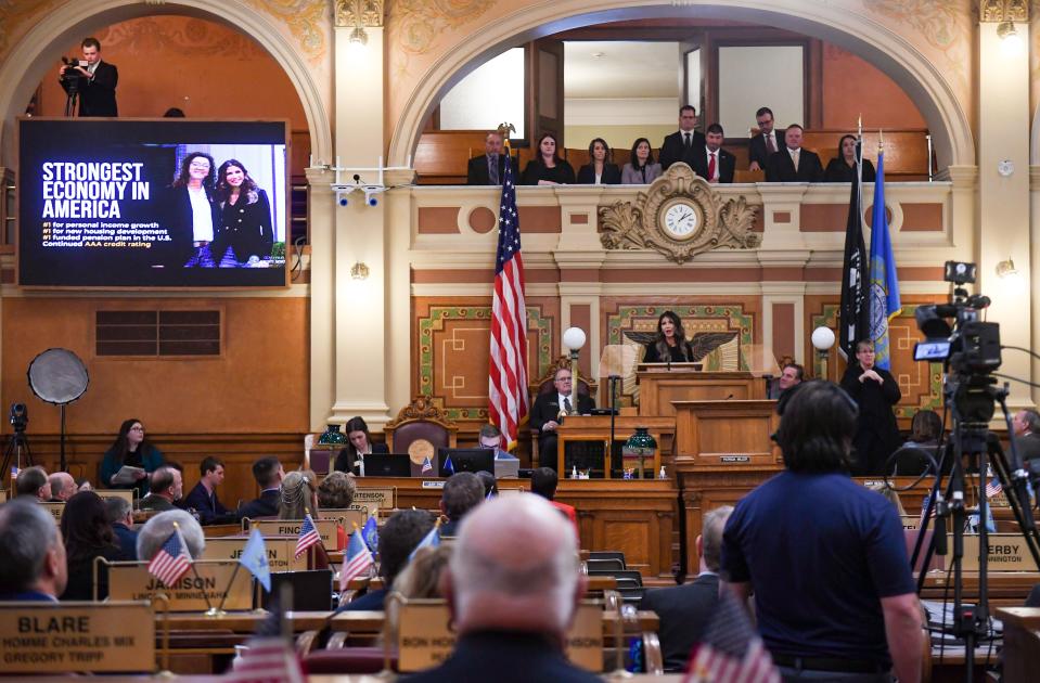 Governor Kristi Noem gives the annual budget address on Tuesday, December 6, 2022, at the South Dakota State Capitol in Pierre.