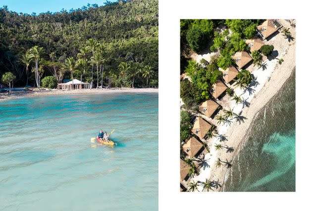 <p>Courtesy of Elysian Retreat</p> From left: Kayaking off Elysian Retreat, in the Whitsunday Islands; the 10 solar-powered villas have verandas facing the beach.