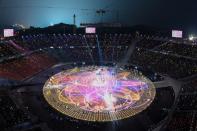 <p>General view during the opening ceremony of the Pyeongchang 2018 Winter Olympic Games at the Pyeongchang Stadium on February 9, 2018. / AFP PHOTO / François-Xavier MARIT (Photo credit should read FRANCOIS-XAVIER MARIT/AFP/Getty Images) </p>