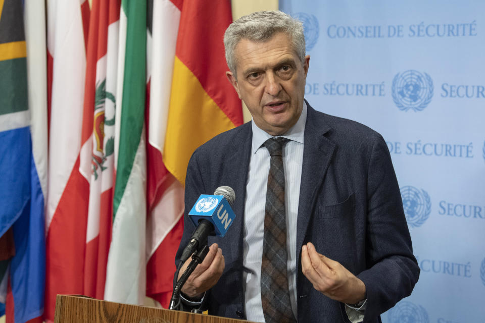 In this April 19, 2019 photo provided by the United Nations, Filippo Grandi, the United Nations High Commissioner for Refugees, addresses the media at United Nations headquarters. The United Nations refugee agency says a record 71 million people have now been displaced worldwide from war, persecution and other violence. (Eskinder Debebe/The United Nations via AP)