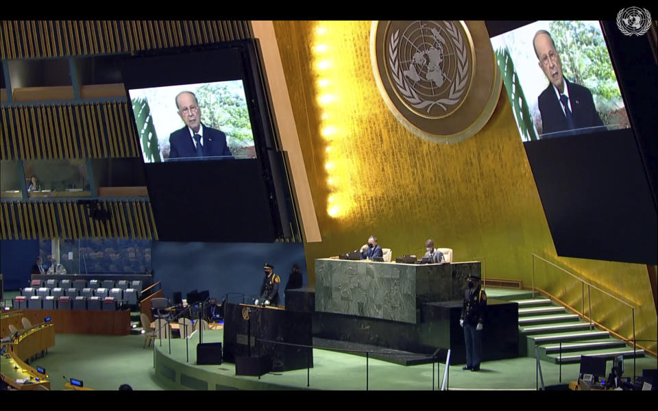 In this photo taken from video, Lebanese President Michel Aoun remotely addresses the 76th session of the United Nations General Assembly in a pre-recorded message, Friday, Sept. 24, 2021, at UN headquarters. (UN Web TV via AP)