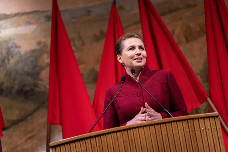 Danish PM Frederiksen speaks on the Workers' International Day at Arbejdermuseet in Copenhagen