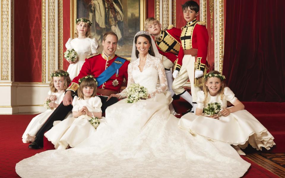 The royal bride and groom in the throne room at Buckingham Palace in 2011 - Hugo Burnand/Clarence House/PA