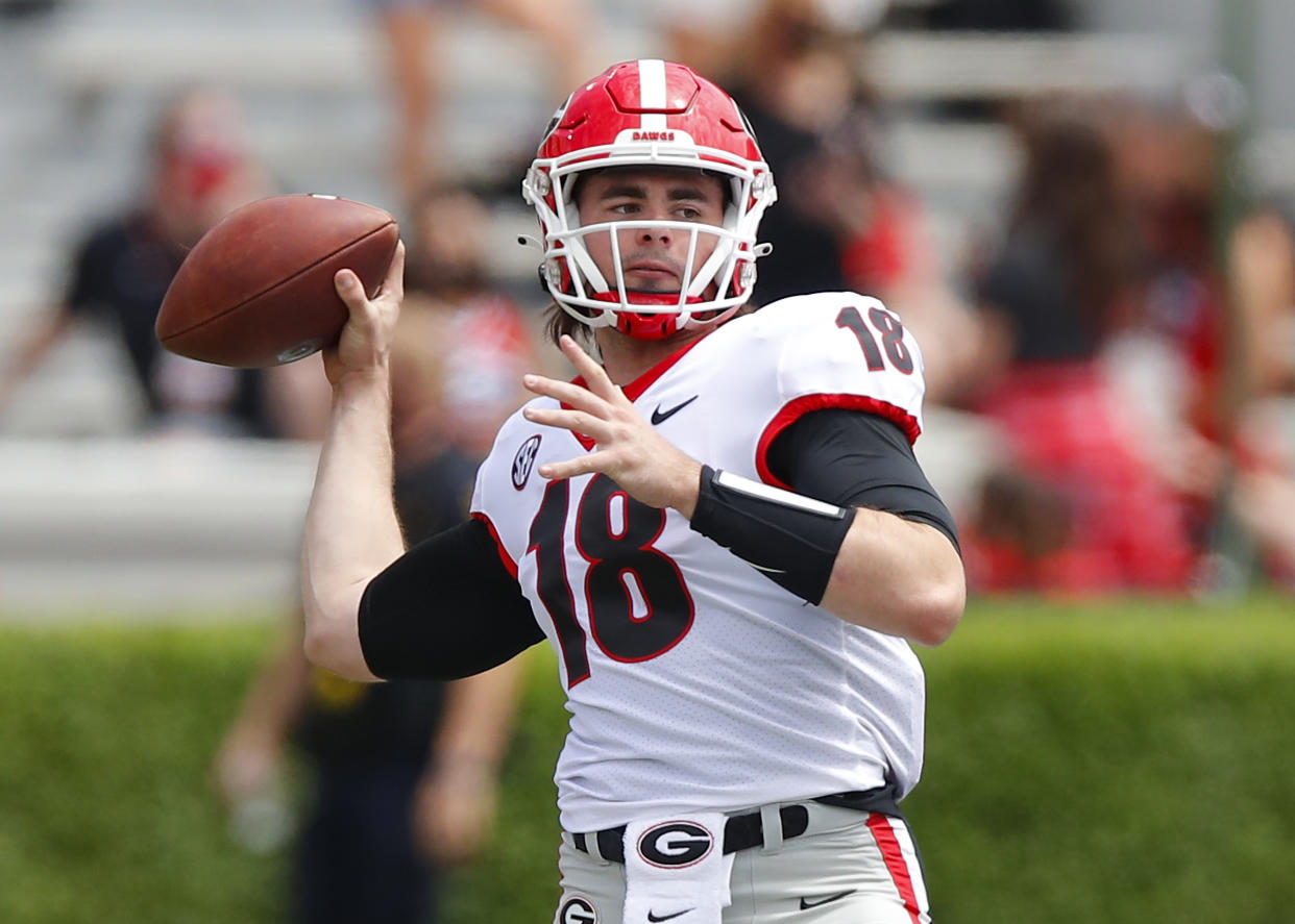 ATHENS, GA - APRIL 17: Quarterback JT Daniels #18 of the Georgia Bulldogs warms up prior to the G-Day spring game at Sanford Stadium on April 17, 2021 in Athens, Georgia. (Photo by Todd Kirkland/Getty Images)