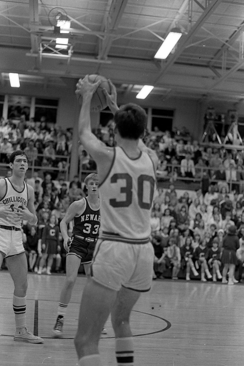 Chillicothe's Jim Johnson (30) with the ball during the game against Newark. The Newark Wildcats came from behind to beat the Chillicothe Cavaliers 47-46 at Hatton Memorial Gym on Jan. 24, 1969.