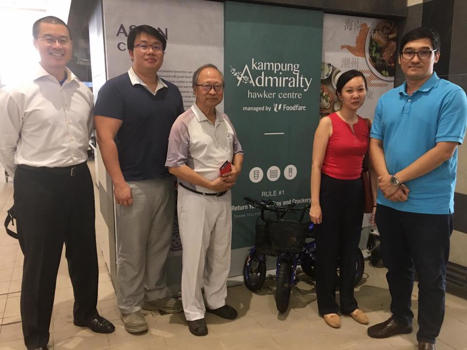 Former presidential candidate Dr Tan Cheng Bock with friends and supporters at Kampung Admiralty Hawker Centre. PHOTO: Tan Cheng Bock Facebook page