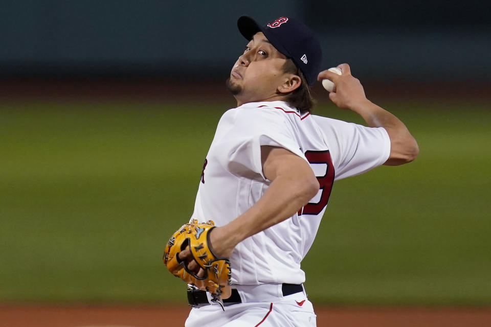 Boston Red Sox relief pitcher Hirokazu Sawamura delivers in the sixth inning of the team's baseball game against the Toronto Blue Jays at Fenway Park, Wednesday, April 21, 2021, in Boston. (AP Photo/Charles Krupa)