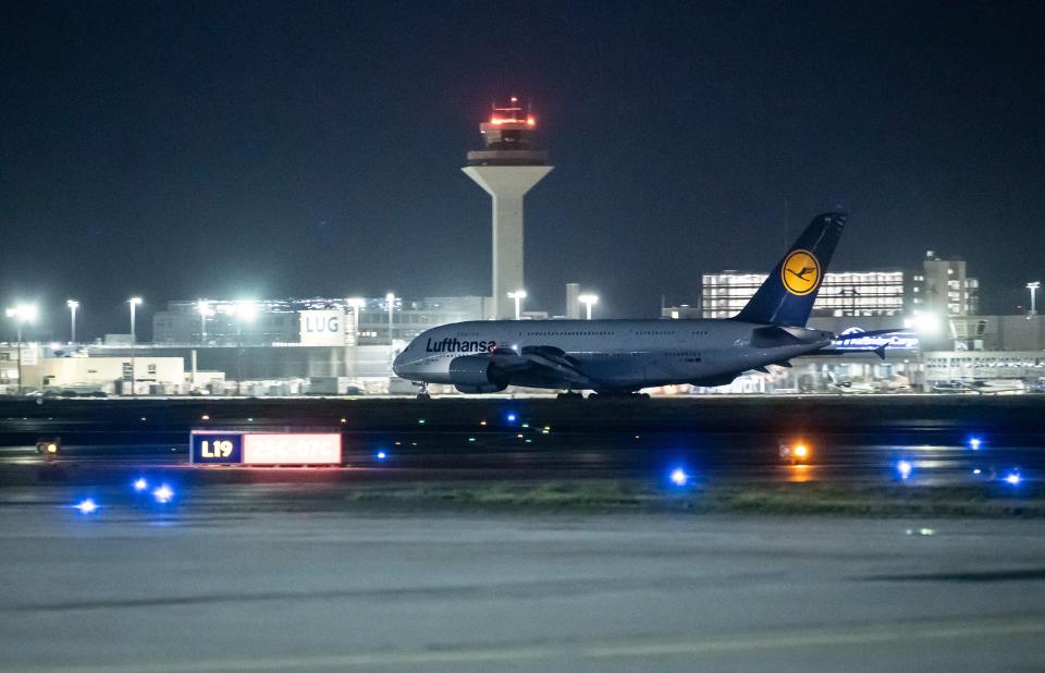 An A380 operated by Lufthansa lands at Frankfurt airport before the jets were decommissioned during the pandemic.