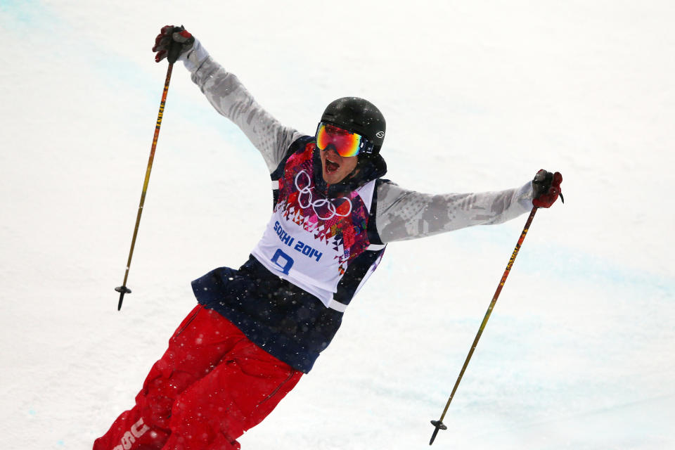 SOCHI, RUSSIA - FEBRUARY 18:  David Wise of the United States celebrates after his first run in the Freestyle Skiing Men's Ski Halfpipe Finals on day eleven of the 2014 2014 Winter Olympics at Rosa Khutor Extreme Park on February 18, 2014 in Sochi, Russia.  (Photo by Cameron Spencer/Getty Images)