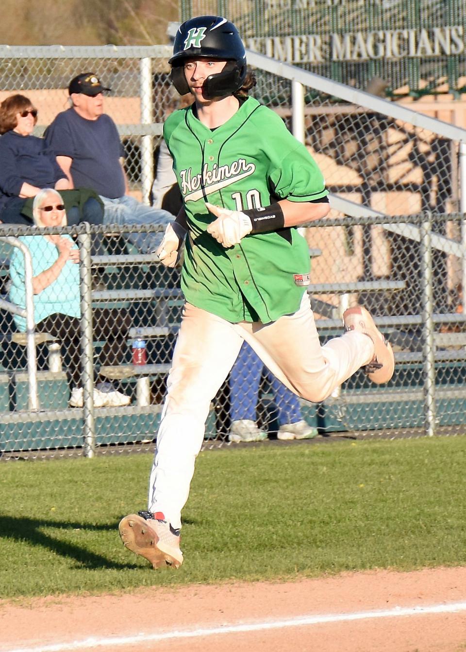 Herkimer Magician Jacob Huyck, pictured scoring a run against Westmoreland May 9, had a five-hit game with four doubles, five runs scored and six RBI Friday against Waterville.