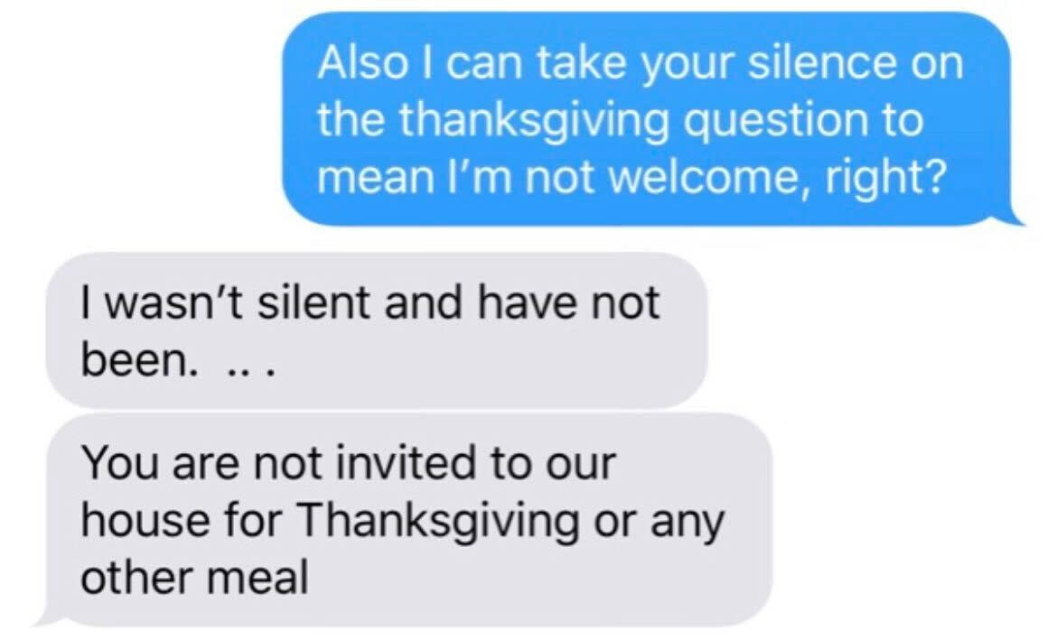 A text exchange between Weston Brown and his mother Monica Brown ahead of Thanksgiving in 2018. (Courtesy Weston Brown)