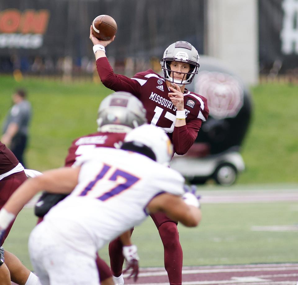 Missouri State quarterback Jacob Clark passes during a game against Western Illinois, Saturday, Oct. 29, 2022, at Plaster Stadium in Springfield, Mo. 