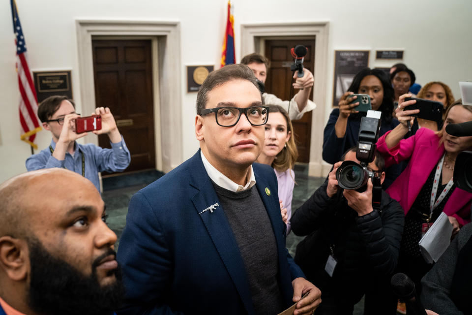 Reporters surround Rep. George Santos (R-NY) as he heads to the House Chamber for a vote on Tuesday, Jan. 31, 2023 in Washington, DC.<span class="copyright">Kent Nishimura—Los Angeles Times/Getty Images</span>