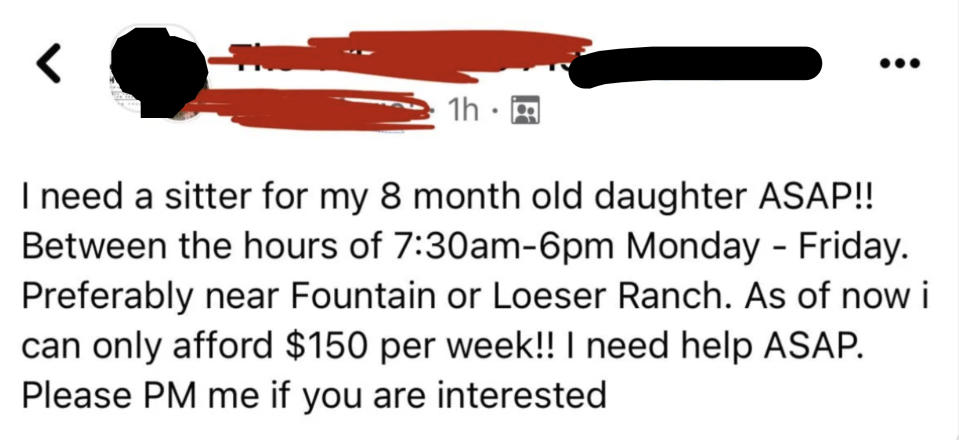 Parent's online post seeking an urgent babysitter for their daughter, offering $150 per week, and requesting private messages from interested parties