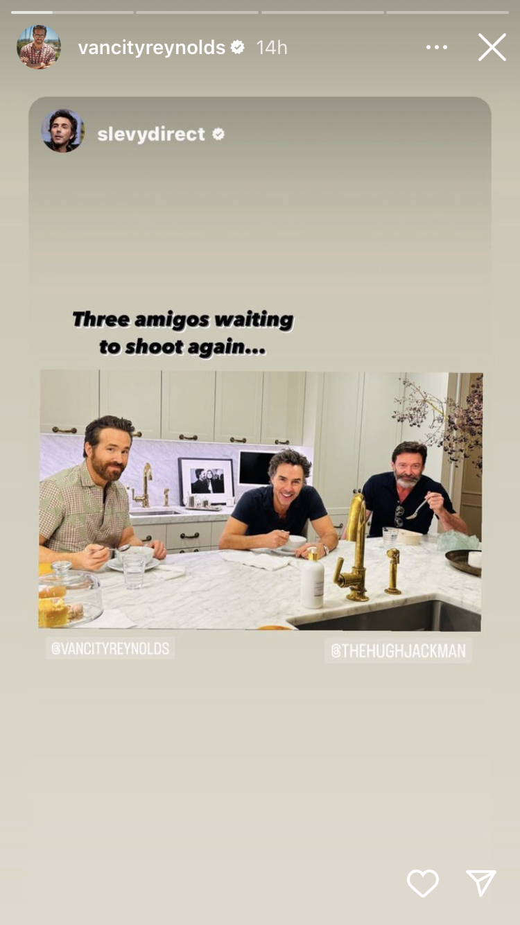 A screenshot of Ryan Reynolds' Instagram Story which shows Ryan Reynolds, Shawn Levy and Hugh Jackman sitting together