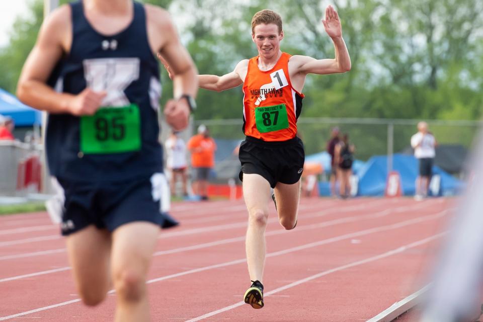 Hanover's Matthew Nawn reacts as he crosses the finish line to win the 2A 3,200-meter run at the PIAA District 3 Track and Field Championships on Friday, May 20, 2022, at Shippensburg University. Nawn set a new personal record in the process, finishing in 9:38.42.  