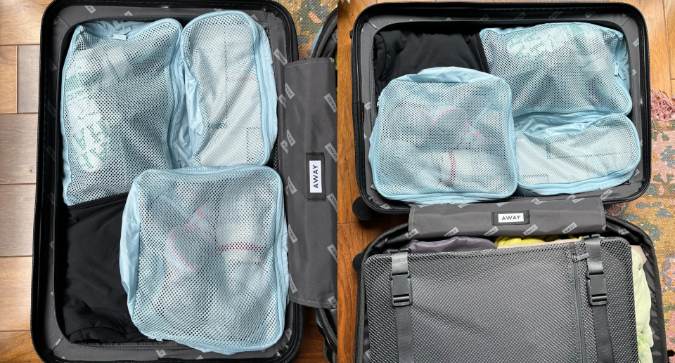 split screen of Away's The Insider Packing Cubes in light blue in away suitcase