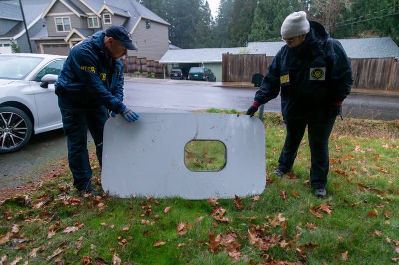 The National Transportation Safety Board recovered the door plug blown out from Alaska Airlines Flight 1282 Boeing 737-9 MAX in Cedar Hills, Ore. File Photo courtesy of NTSB