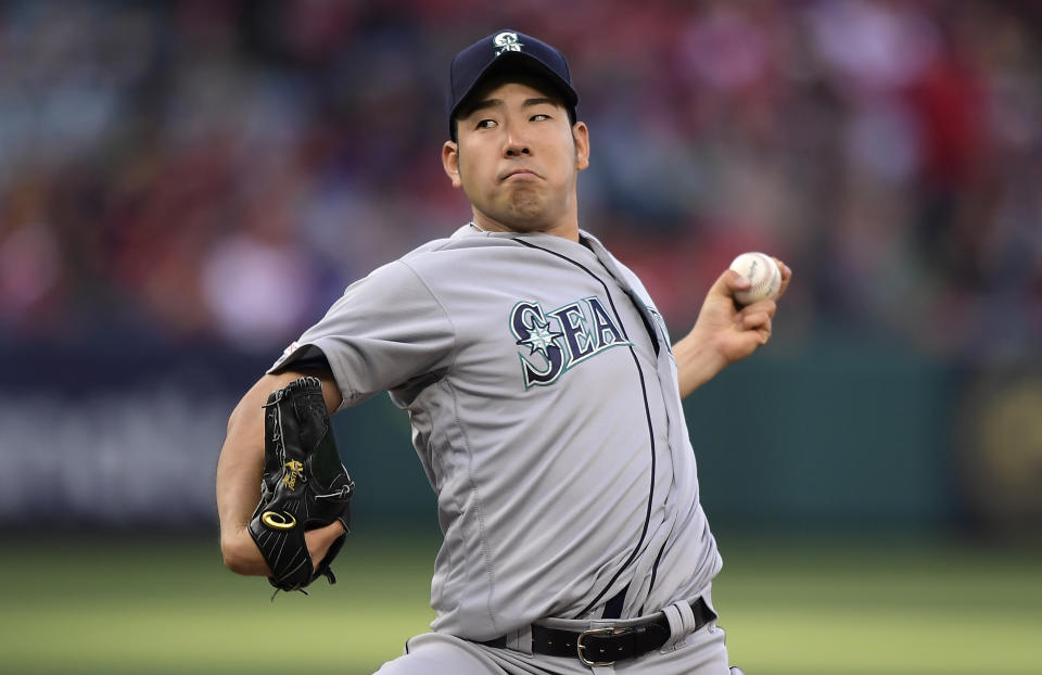 Seattle Mariners starting pitcher Yusei Kikuchi, of Japan, throws to the plate during the first inning of a baseball game against the Los Angeles Angels Saturday, April 20, 2019, in Anaheim, Calif. (AP Photo/Mark J. Terrill)