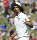 India’s Ishant Sharma gives the thumbs-up after he finished with his best bowling figures 6 for 51 in the New Zealand first innings on the 1st day of the 2nd cricket test at Basin Reserve in Wellington, New Zealand, Friday, Feb. 14, 2014.