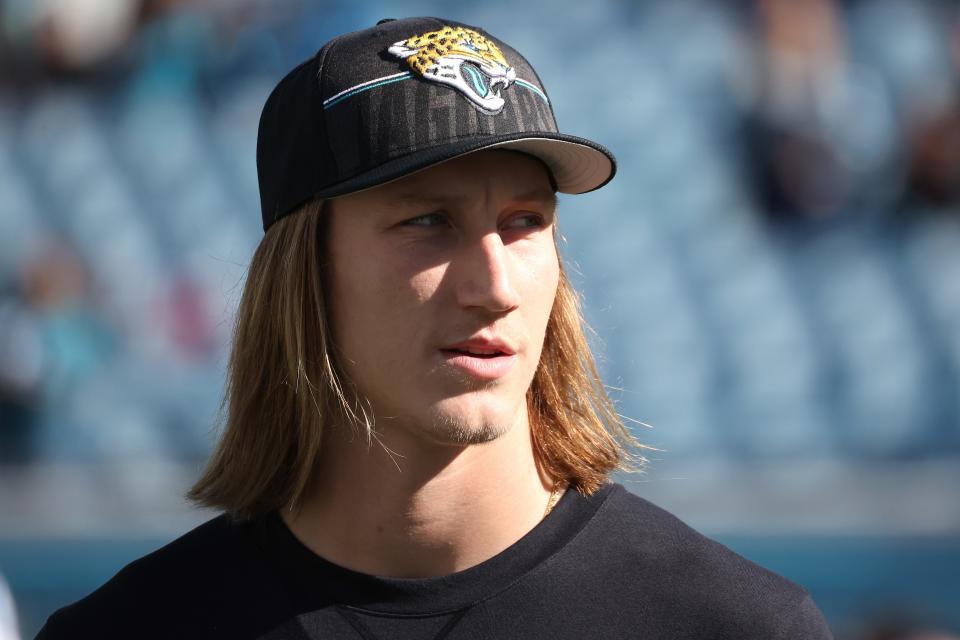 Trevor Lawrence #16 of the Jacksonville Jaguars looks on prior to a game against the Carolina Panthers at EverBank Stadium on December 31, 2023 in Jacksonville, Florida.