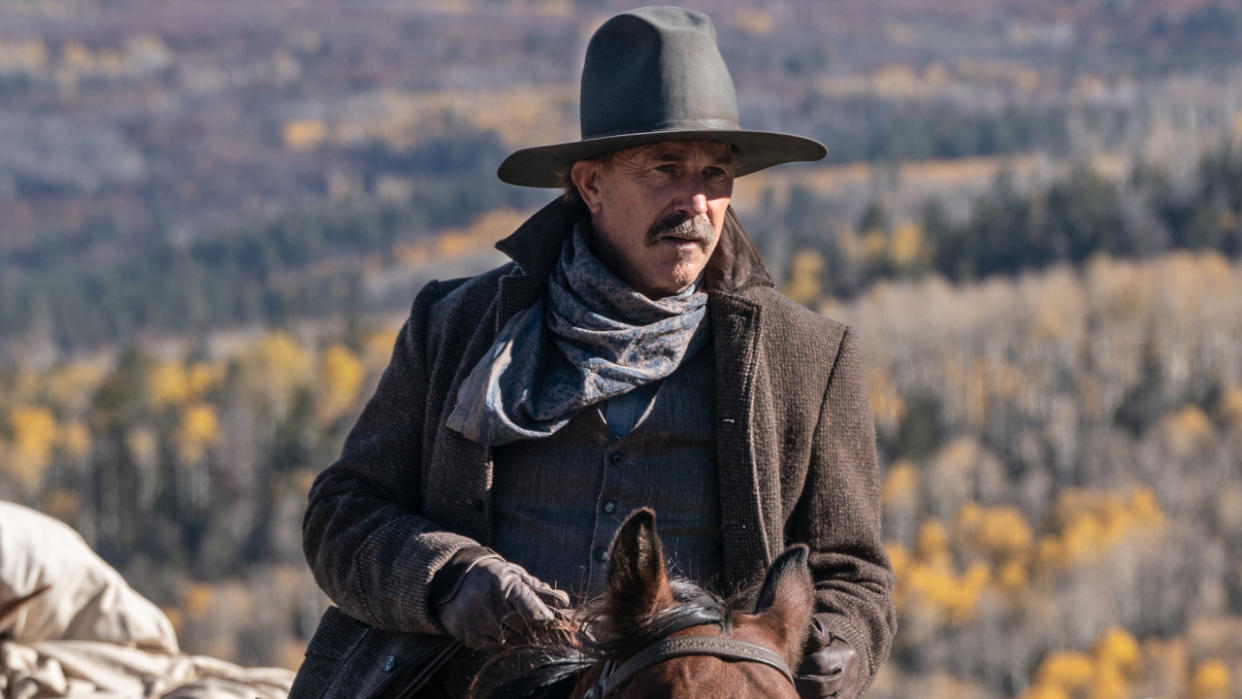  Kevin Costner sits stoically on his horse in Horizon: An American Saga - Chapter 1. 