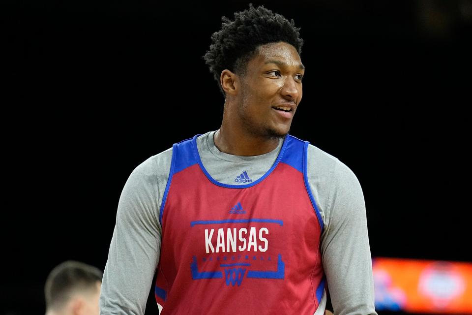 Kansas forward David McCormack (33) warms up during practice for the men's Final Four NCAA college basketball tournament, Friday, April 1, 2022, in New Orleans. (AP Photo/Brynn Anderson)