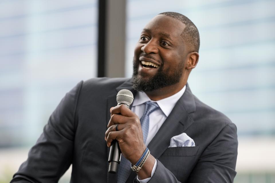 Milwaukee Bucks new head coach Adrian Griffin speaks after being introduced at a news conference Tuesday, June 6, 2023, in Milwaukee. (AP Photo/Morry Gash)