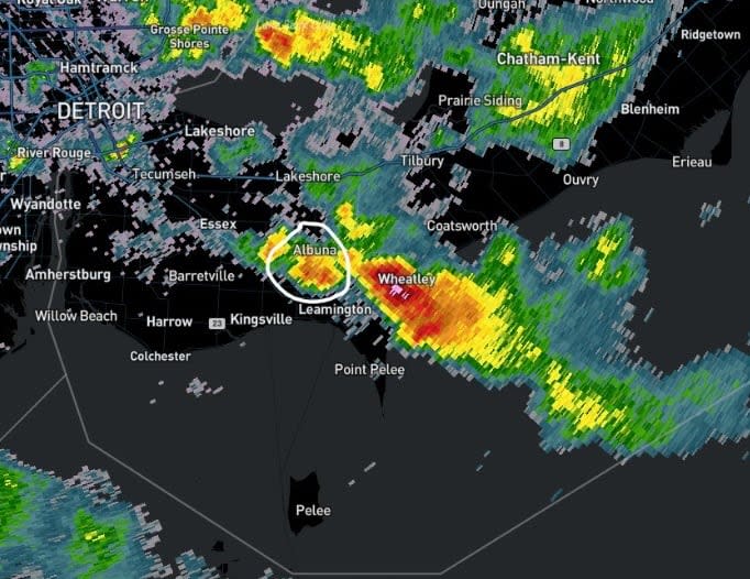 Tornado circled on radar by David Sills with the Northern Tornadoes Project at Western University from May 29, 2024.