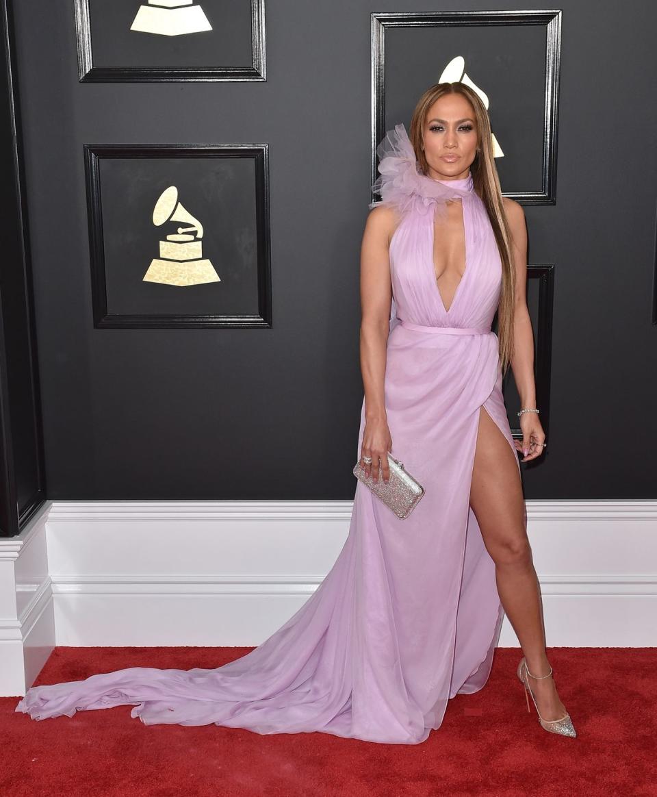 <p>Lopez wore an glamorous Ralph & Russo halter gown in lavender at the Grammy Awards.</p>