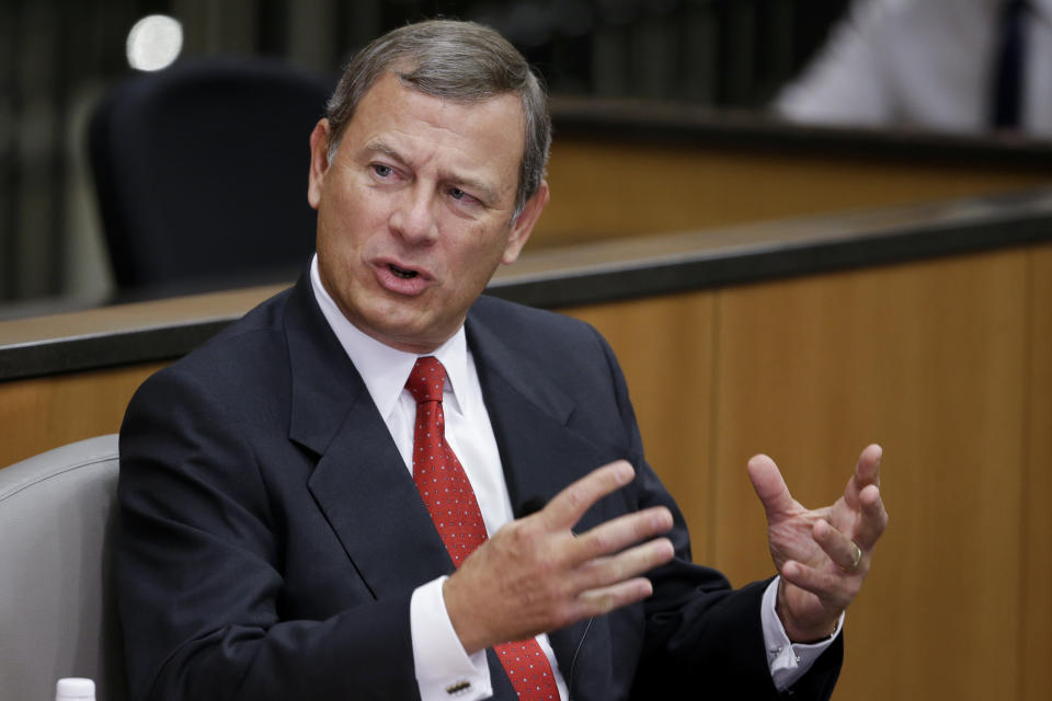 FILE - U.S. Supreme Court Chief Justice John Roberts speaks at the University of Nebraska Lincoln, in Lincoln, Neb., Sept. 19, 2014. Roberts has declined an invitation to meet with Democratic senators to talk about Supreme Court ethics and the controversy over flags that flew outside homes owned by Justice Samuel Alito. (AP Photo/Nati Harnik, File)