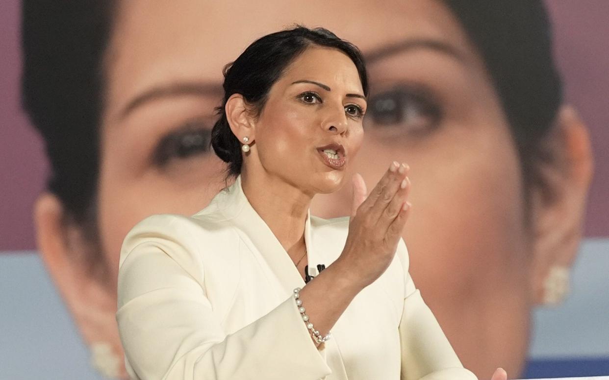 Dame Priti Patel, the former home secretary, delivers a speech in central London this morning