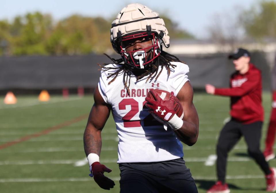 South Carolina running back Jawarn Howell (22) runs drills during the Gamecocks’ practice in Columbia on Tuesday, March 19, 2024. Sam Wolfe/Special To The State