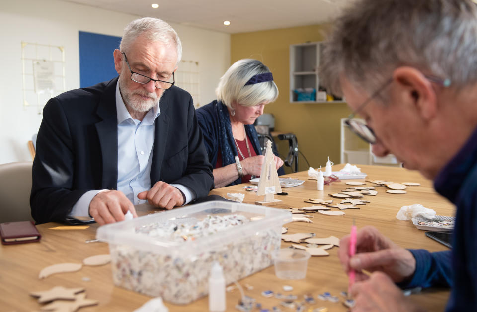 Jeremy Corbyn doing arts and crafts during a visit to Winwood Heights Retirement Village in Nottingham