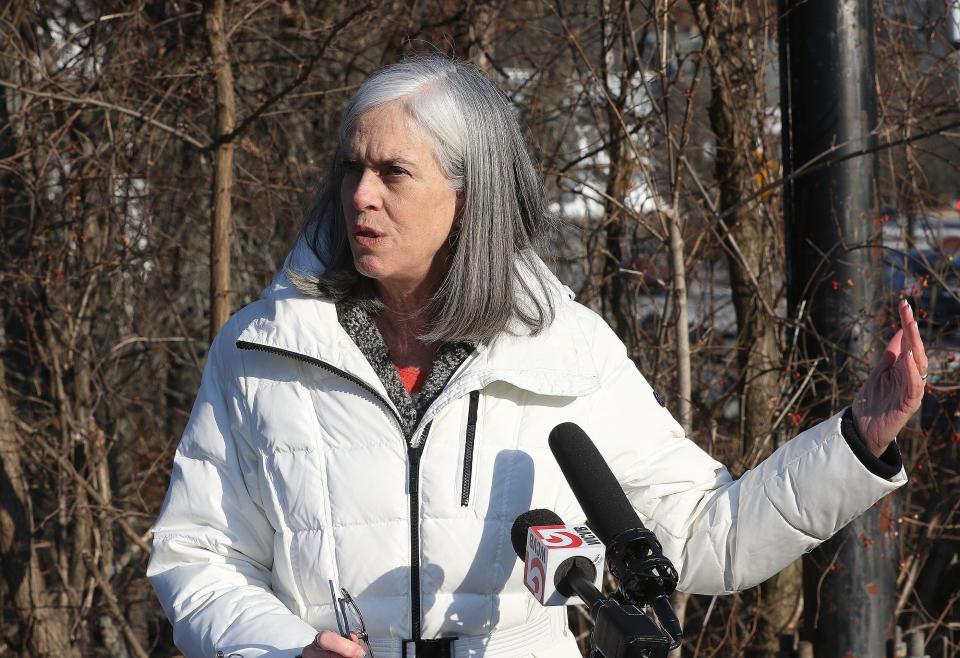 U.S. Rep. Katherine Clark, D-Mass., talked about the Infrastructure Investment and Jobs Act at the School Streetr Bridge in Framingham, Jan. 24, 2022.