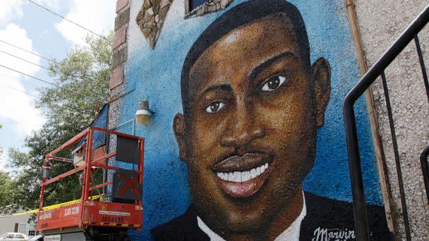 PHOTO: A painted mural of Ahmaud Arbery is displayed in Brunswick, Ga., May 17, 2020. (Sarah Blake/AP, FILE)