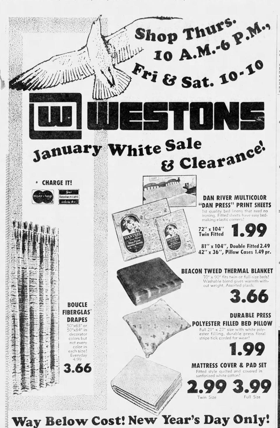 Some stores, like Westons, were open on New Year's Day in 1969.